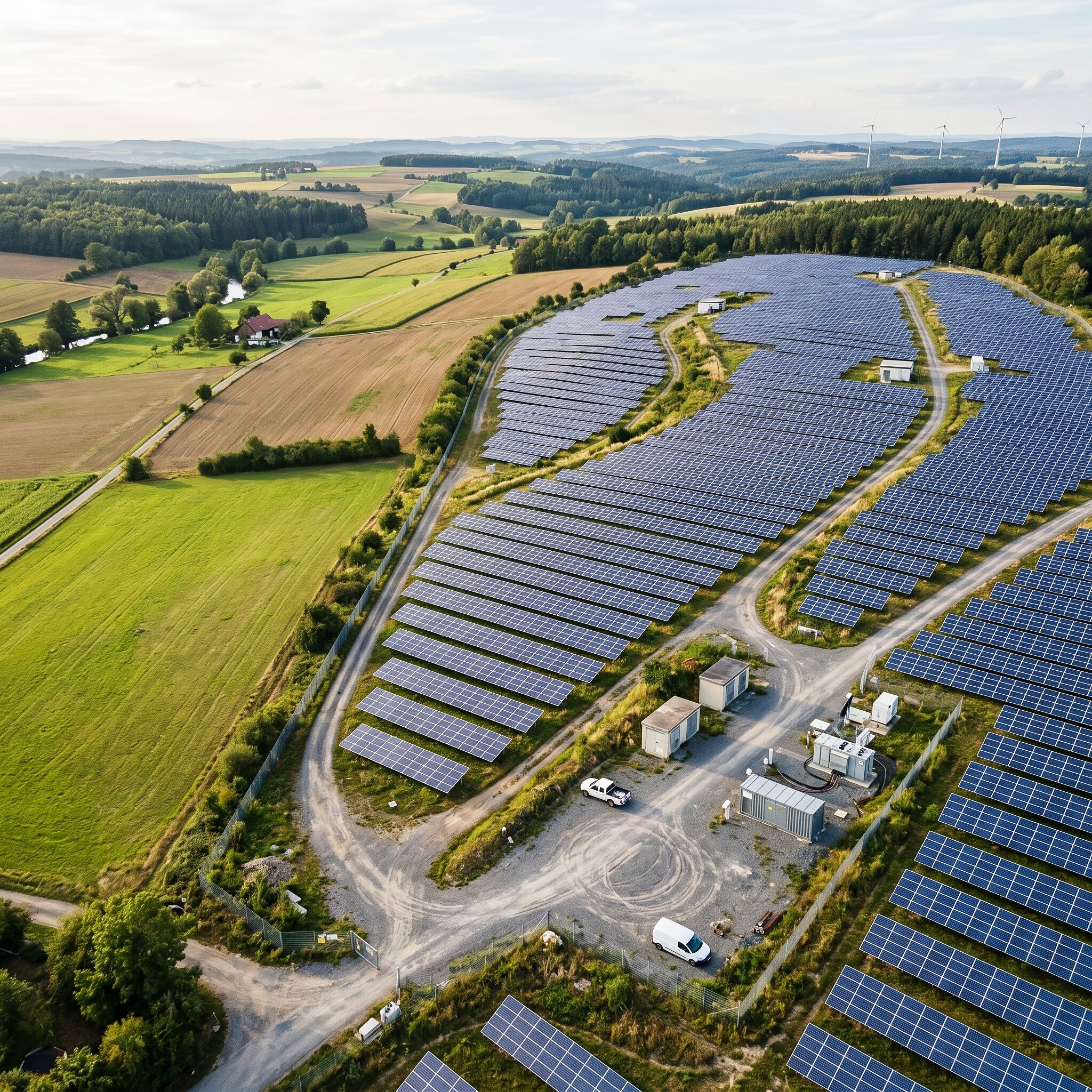 Schräger Luftblick mit PV-Modulreihen, Betriebsfläche, Wirtschaftswegen und grünen Agrarflächen.