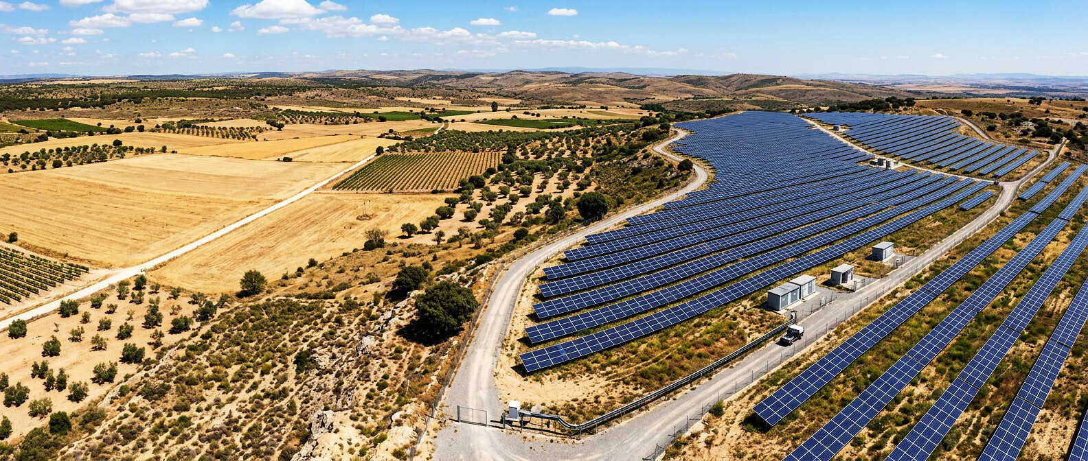 Schräger Luftblick mit PV-Modulreihen, Zufahrt, Trockenfeldern, Baumreihen und Hügeln.