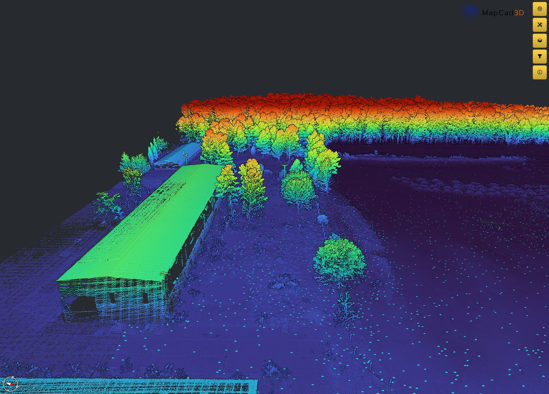 Höhenkolorierte Punktwolke einer Landschaft mit Vegetation, Gebäude und Gelände